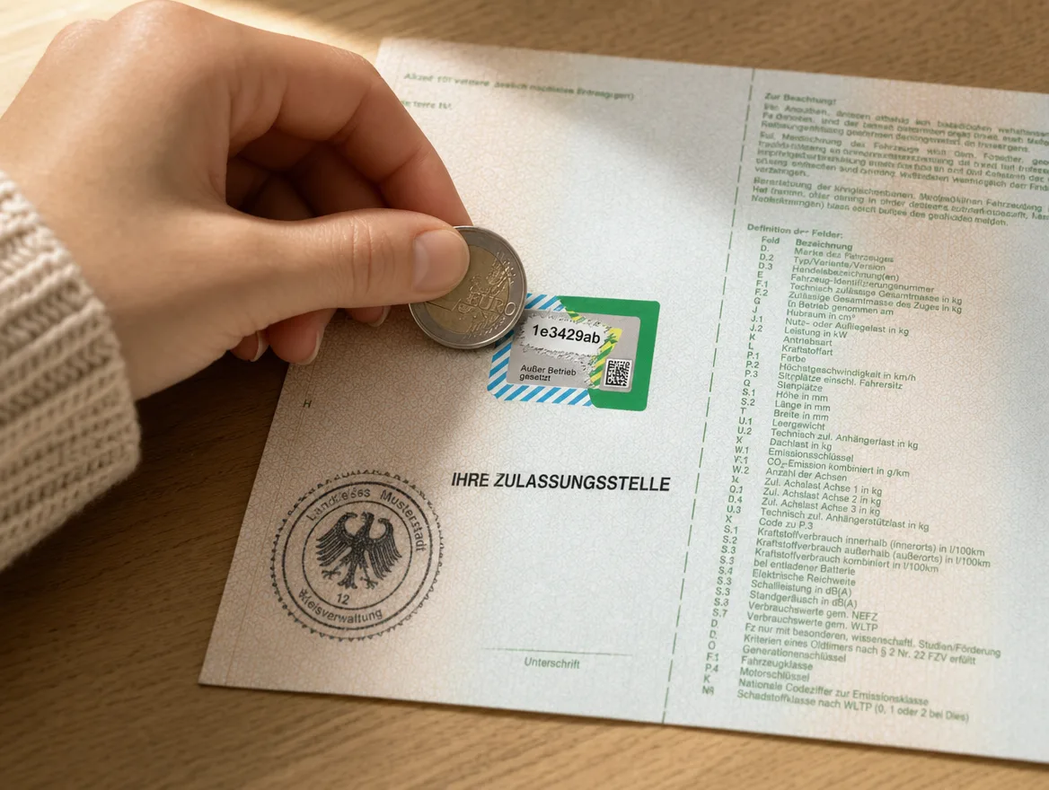 Sicherheitscode auf dem Fahrzeugschein mit einer Münze freirubbeln